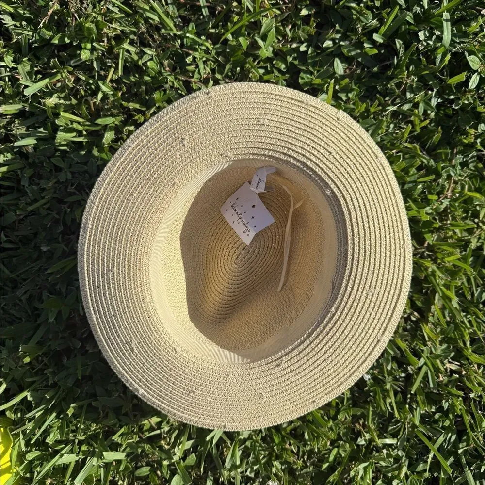 Womens Summer Hat - White Trim - Floral Hand Sewn Beads - BRAND NEW
